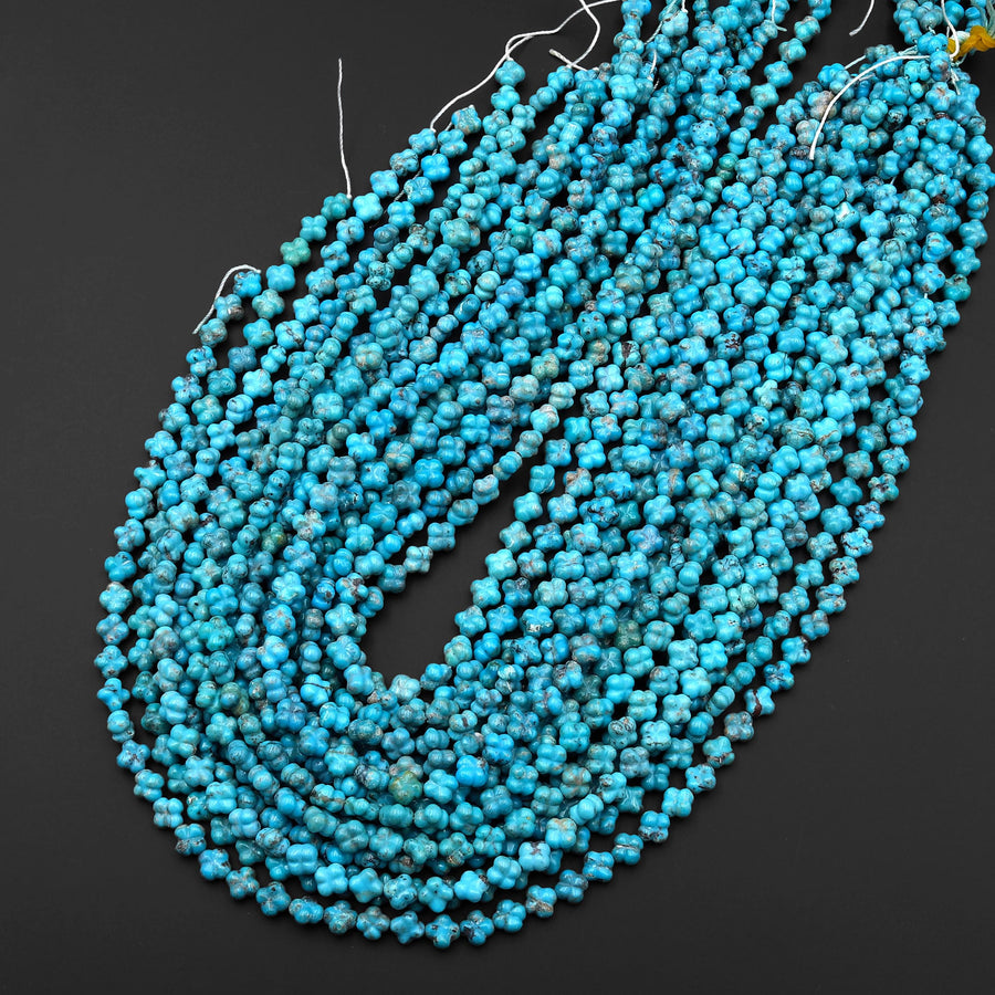 Hand Carved Real Genuine Natural Blue Turquoise 3D 4 Leaf Clover 6mm Beads Choose from 5 pcs, 10 pcs, or full 16" Strand