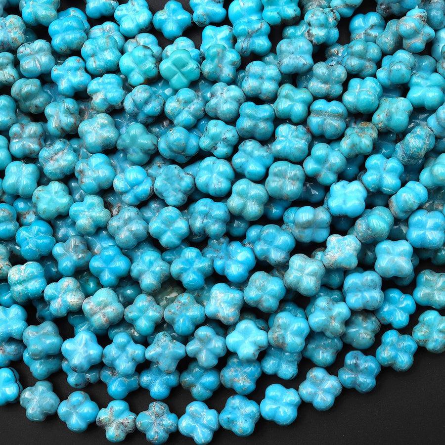Hand Carved Real Genuine Natural Blue Turquoise 3D 4 Leaf Clover 6mm Beads Choose from 5 pcs, 10 pcs, or full 16" Strand