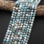 Real Genuine Natural Blue Larimar 6mm 8mm 10mm Round Beads w/ Iron Matrix 15.5" Strand