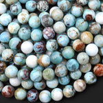 Real Genuine Natural Blue Larimar 6mm 8mm 10mm Round Beads w/ Iron Matrix 15.5" Strand
