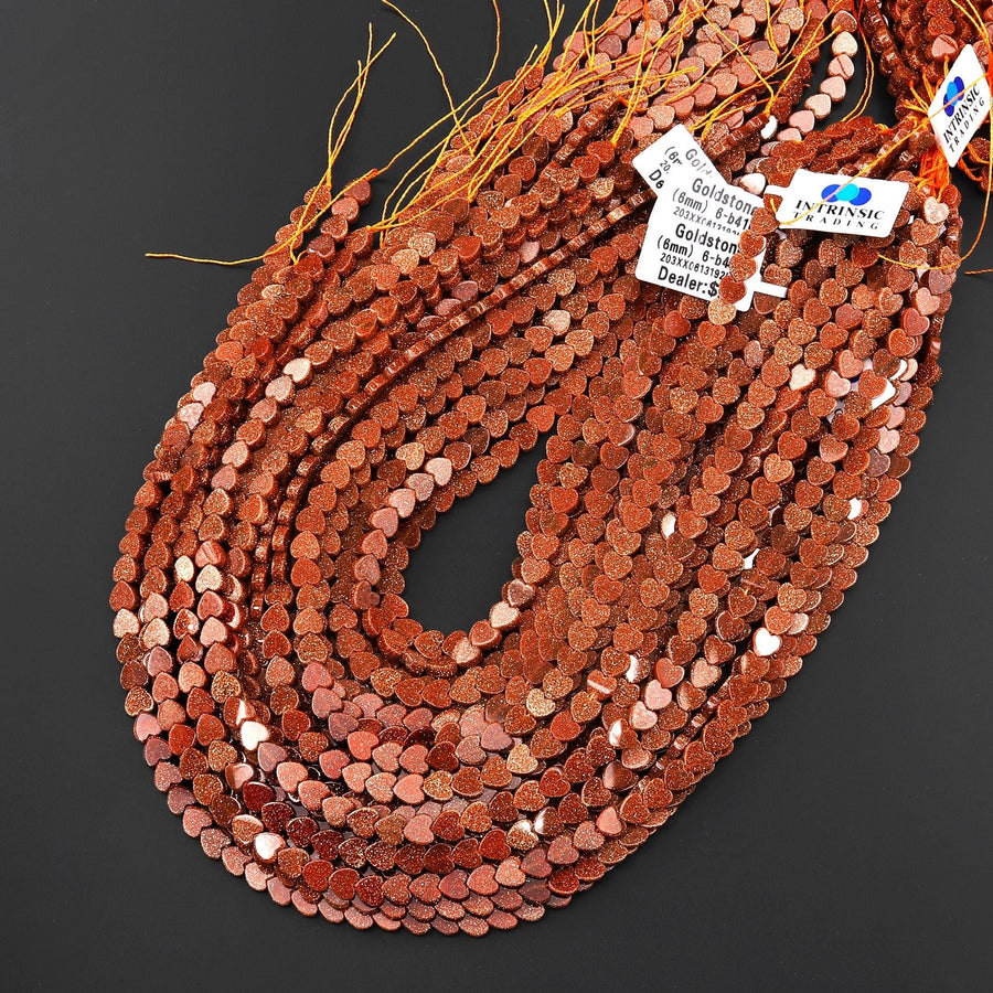 AAA Sparkling Gold Sandstone Aka Goldstone 6mm Smooth Heart Beads 15" Strand