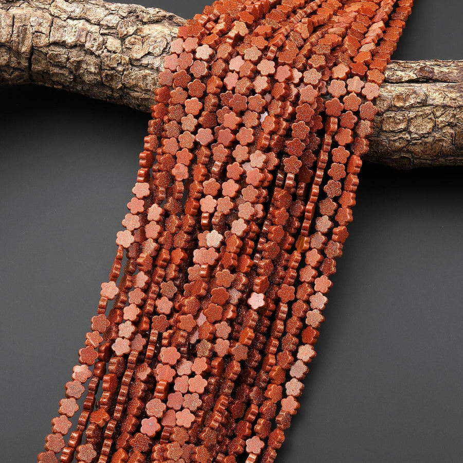 AAA Sparkling Gold Sandstone Aka Goldstone 6mm Cherry Blossom Flower Beads 15" Strand