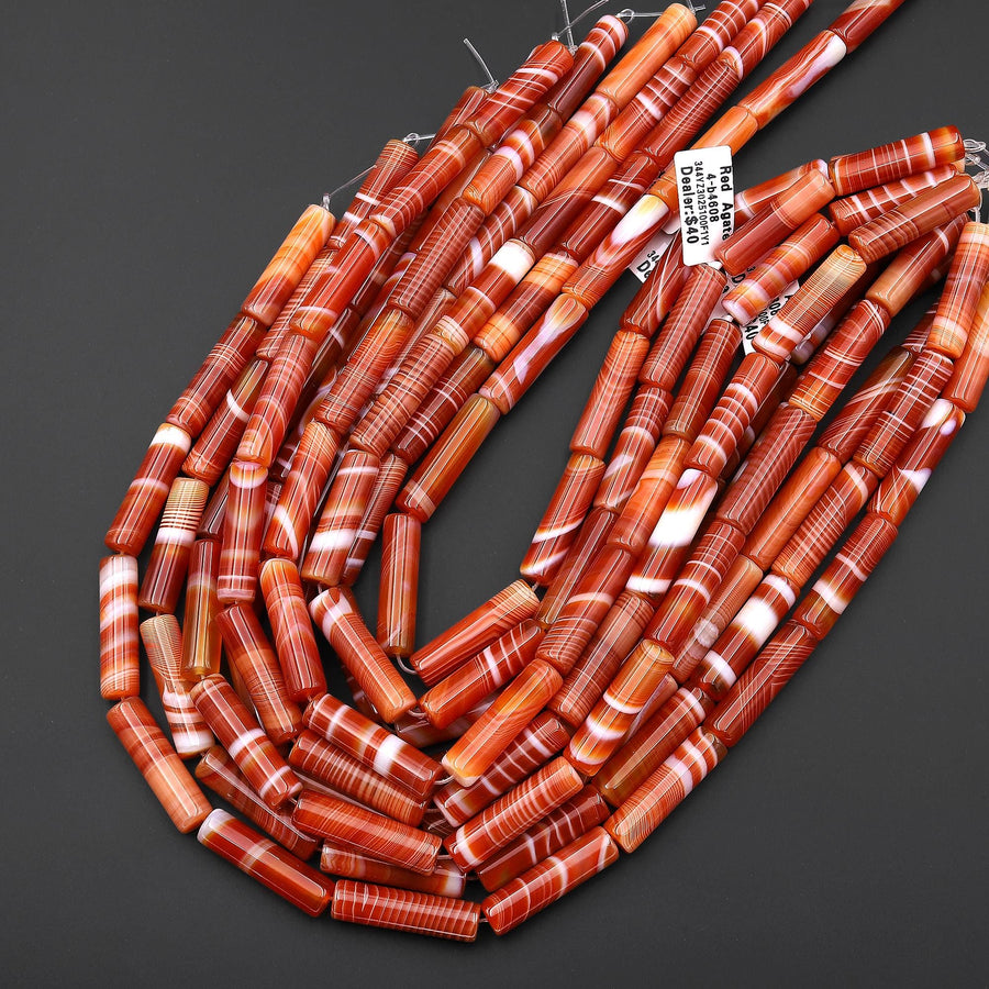 Natural Fiery Orange Red Banded Agate Long Tube Beads 30x8mm 15.5" Strand