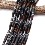 AAA Rare Natural 2 Two Tone Black Dark Caramel Brown Striped Agate Beads Smooth Thin Long 50mm Barrel Drum Cylinder 15.5" Strand