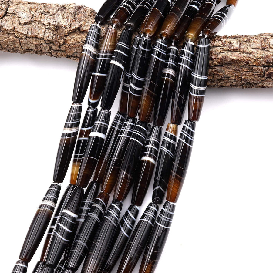 AAA Rare Natural 2 Two Tone Black Dark Caramel Brown Striped Agate Beads Smooth Thin Long 50mm Barrel Drum Cylinder 15.5" Strand