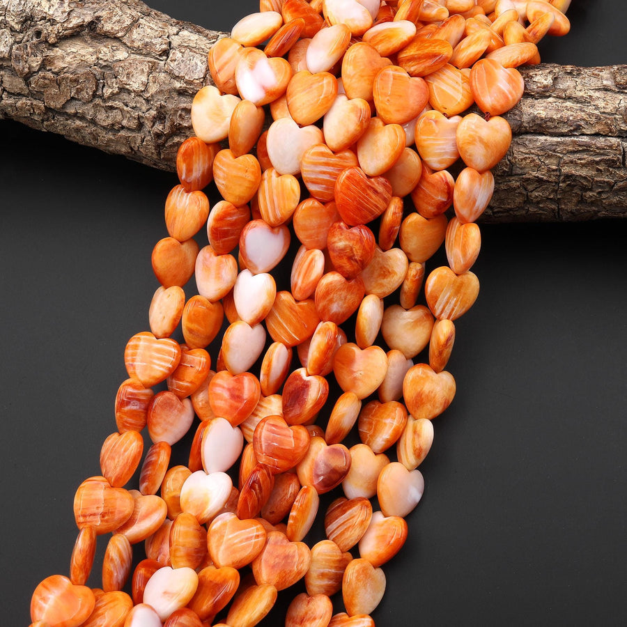 AAA Natural Orange Spiny Oyster Smooth Heart Beads 8mm 12mm 15.5" Strand