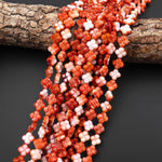 AAA Carved Natural Red Spiny Oyster 4 Four Leaf Clover Beads 8mm 16" Strand