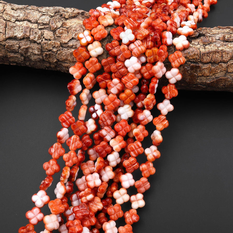 AAA Carved Natural Red Spiny Oyster 4 Four Leaf Clover Beads 8mm 16" Strand