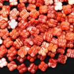 AAA Carved Natural Red Spiny Oyster 4 Four Leaf Clover Beads 8mm 16" Strand