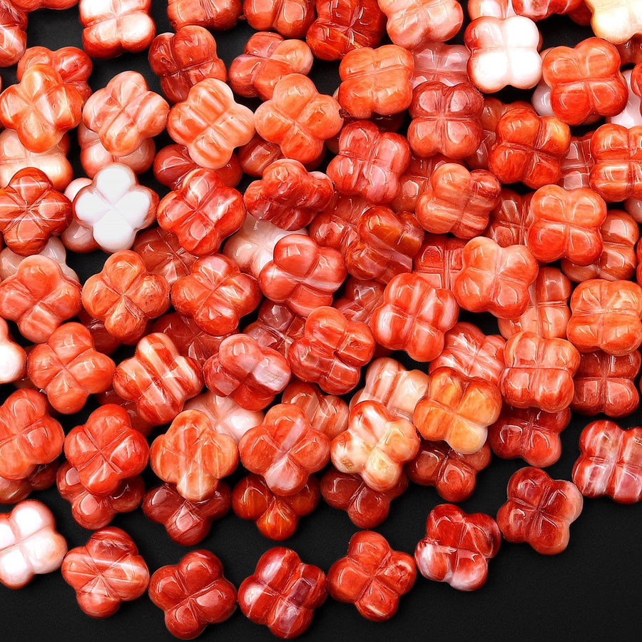 AAA Carved Natural Red Spiny Oyster 4 Four Leaf Clover Beads 8mm 16" Strand
