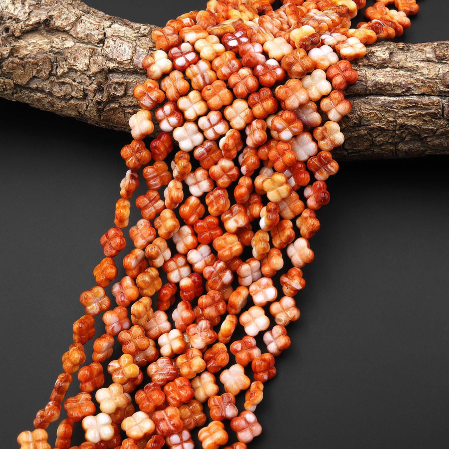 AAA Carved Natural Orange Spiny Oyster 4 Four Leaf Clover Beads 8mm 16" Strand