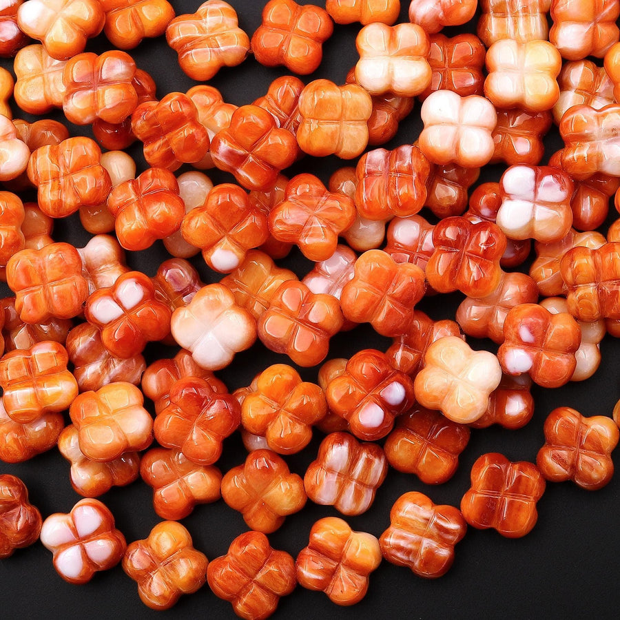 AAA Carved Natural Orange Spiny Oyster 4 Four Leaf Clover Beads 8mm 16" Strand