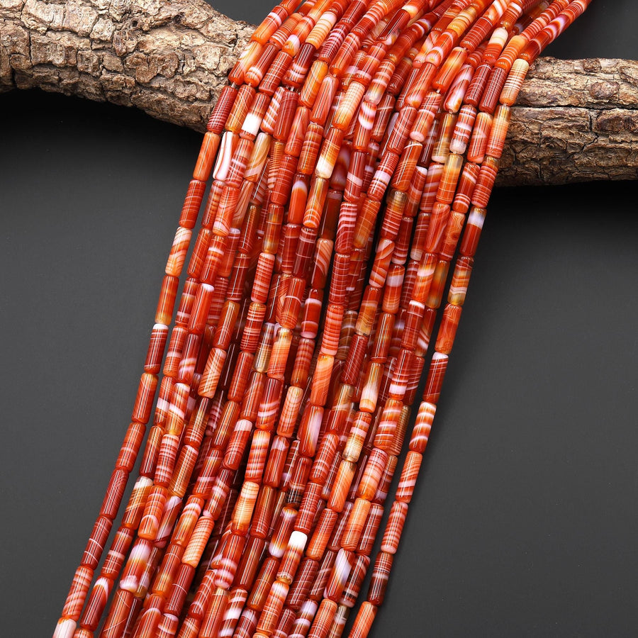 Natural Fiery Orange Red Banded Agate Thin Long Tube Beads 4x13mm 15.5" Strand