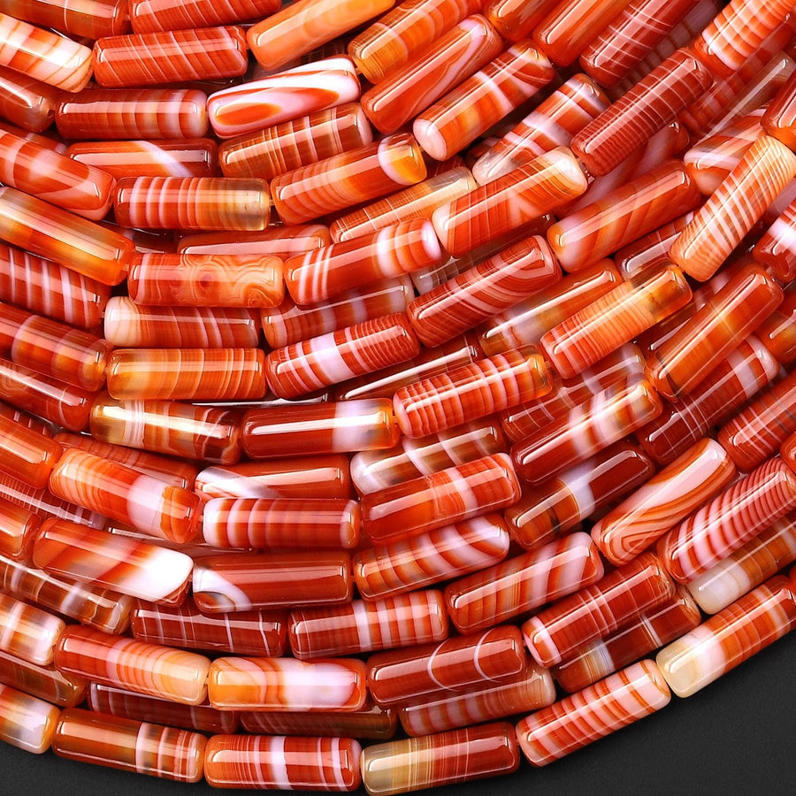 Natural Fiery Orange Red Banded Agate Thin Long Tube Beads 4x13mm 15.5" Strand
