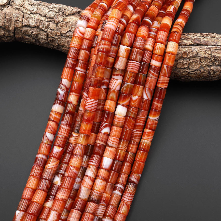 Natural Fiery Orange Red Banded Agate Cylinder Tube Beads 8mm 15.5" Strand