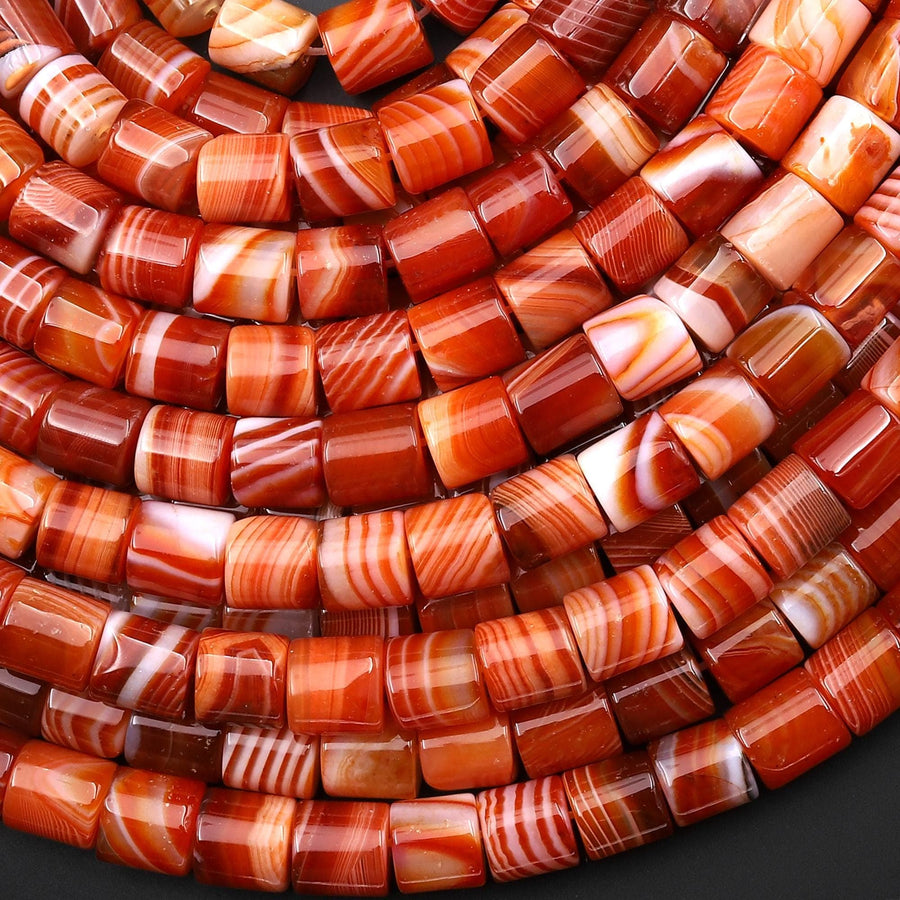 Natural Fiery Orange Red Banded Agate Cylinder Tube Beads 8mm 15.5" Strand