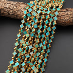 Genuine Natural Blue Turquoise Gold Copper Edging 4 Four Leaf Clover 10mm 12mm Beads Choose from 5pcs, 10pcs 16" Strand