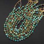 Genuine Natural Blue Turquoise Gold Copper Edging 4 Four Leaf Clover 10mm 12mm Beads Choose from 5pcs, 10pcs 16" Strand