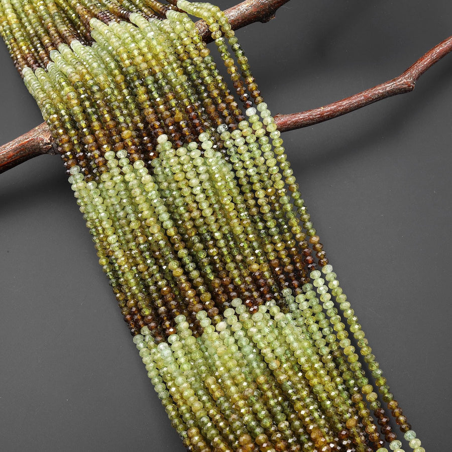 AAA Faceted Natural Green Garnet Rondelle 4mm Ombre Gemstone Beads 15.5" Strand