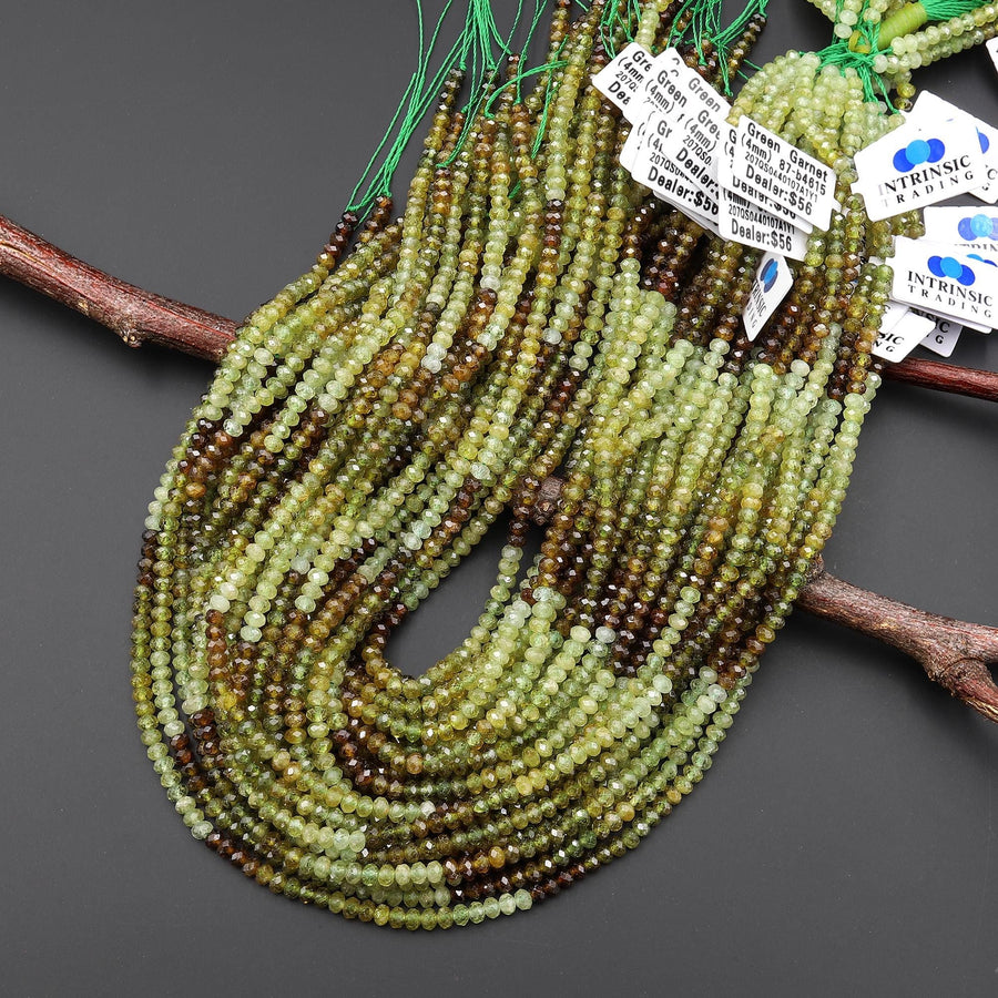 AAA Faceted Natural Green Garnet Rondelle 4mm Ombre Gemstone Beads 15.5" Strand