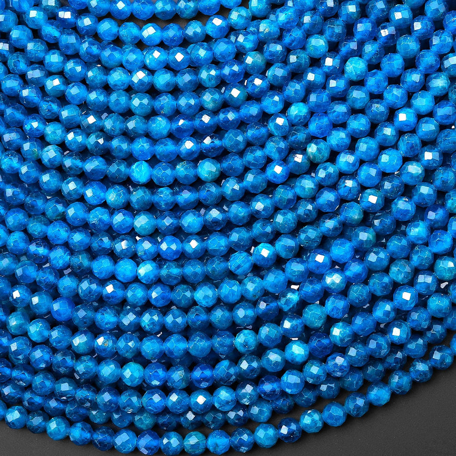 AAA+ Faceted Natural Teal Blue Apatite 4mm Round Beads Gemstone 15.5" Strand A4596