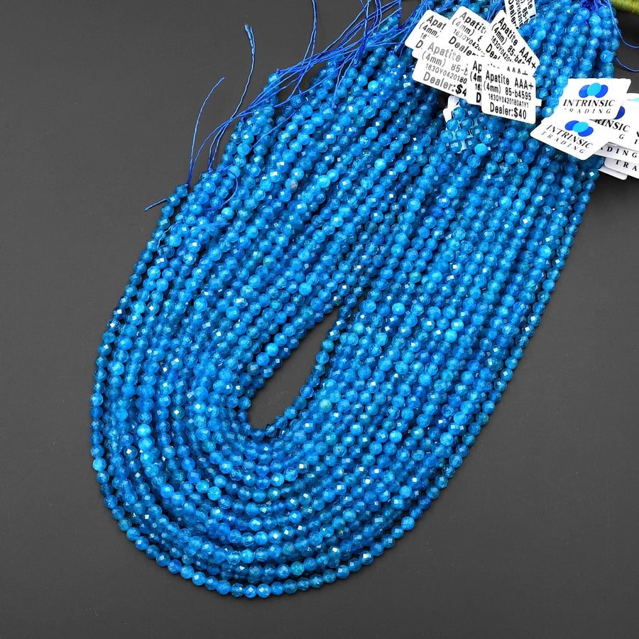 AAA+ Faceted Natural Teal Blue Apatite 4mm Round Beads Gemstone 15.5" Strand A4595