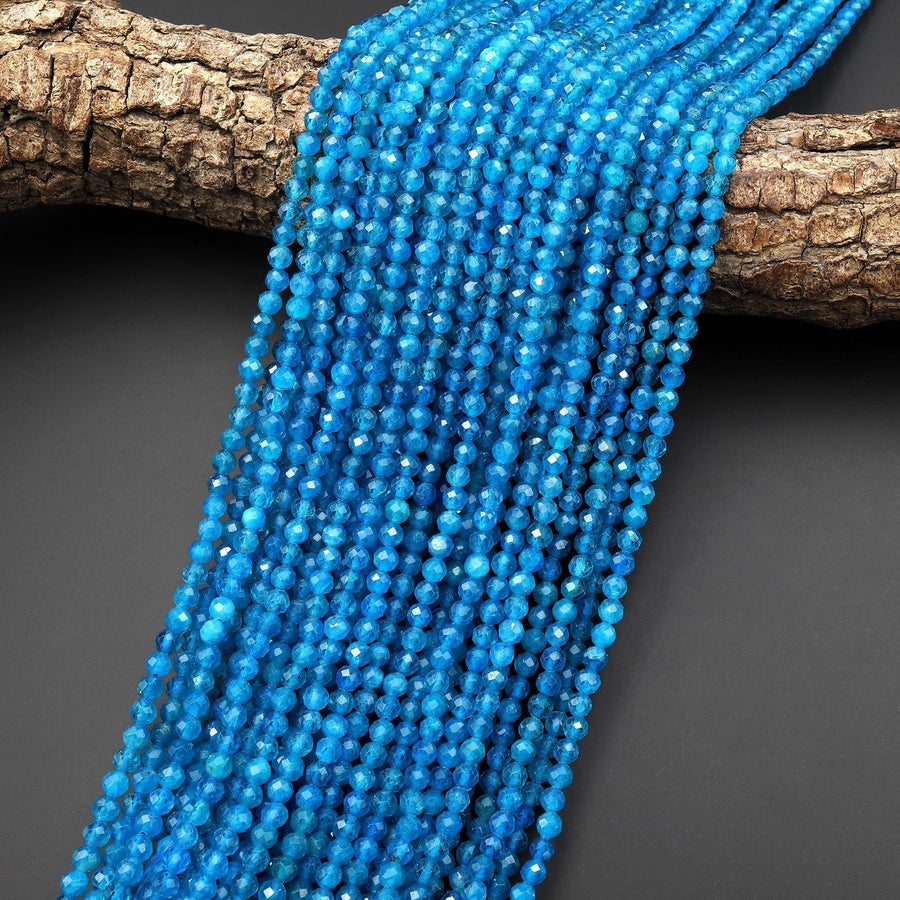 AAA+ Faceted Natural Teal Blue Apatite 4mm Round Beads Gemstone 15.5" Strand A4595