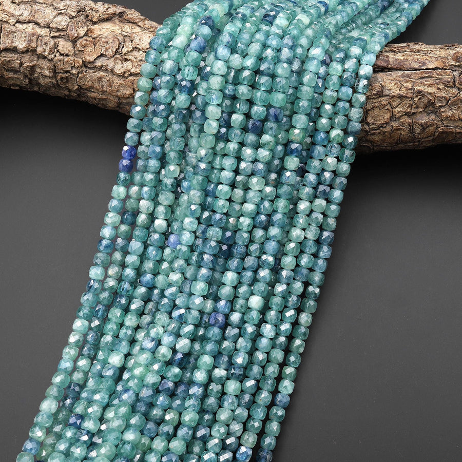 AAA Rare Faceted Natural Bicolor Blue Green Kyanite 4mm Cube Gemstone Beads 15.5" Strand A4621