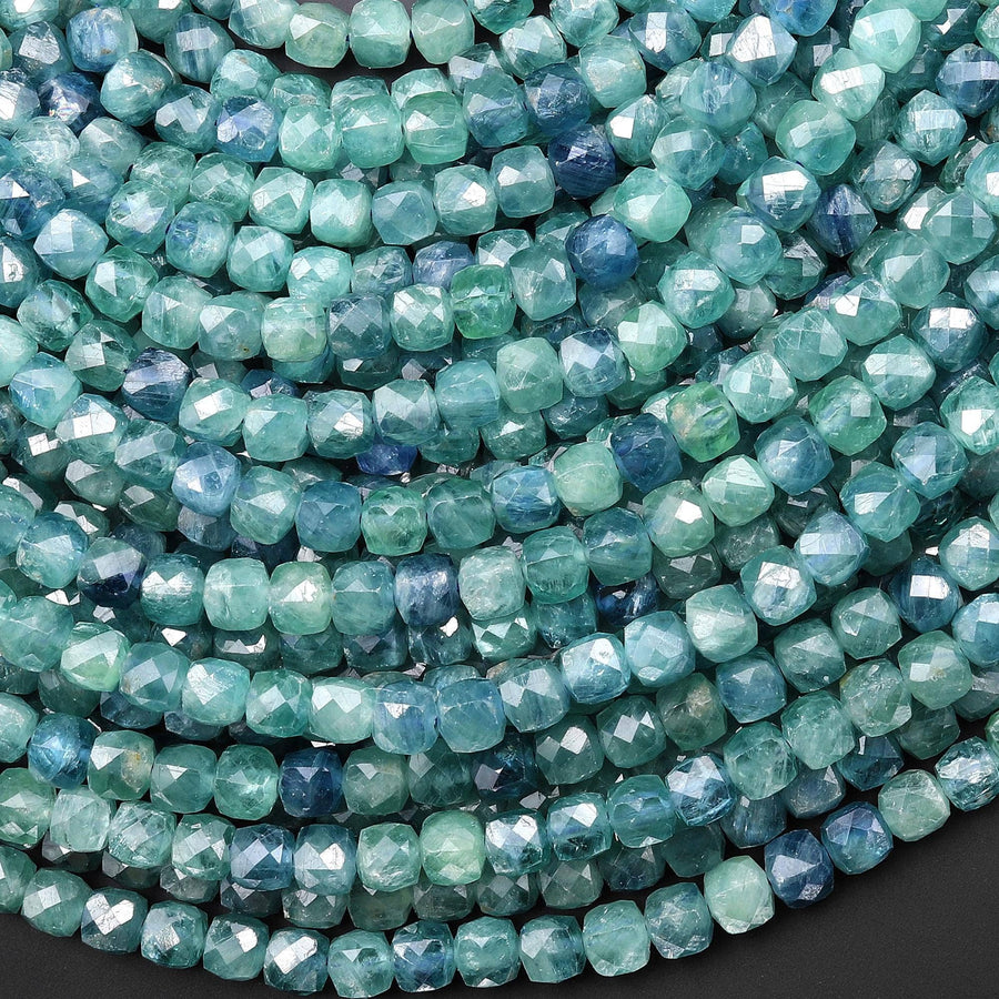 AAA Rare Faceted Natural Bicolor Blue Green Kyanite 4mm Cube Gemstone Beads 15.5" Strand A4621