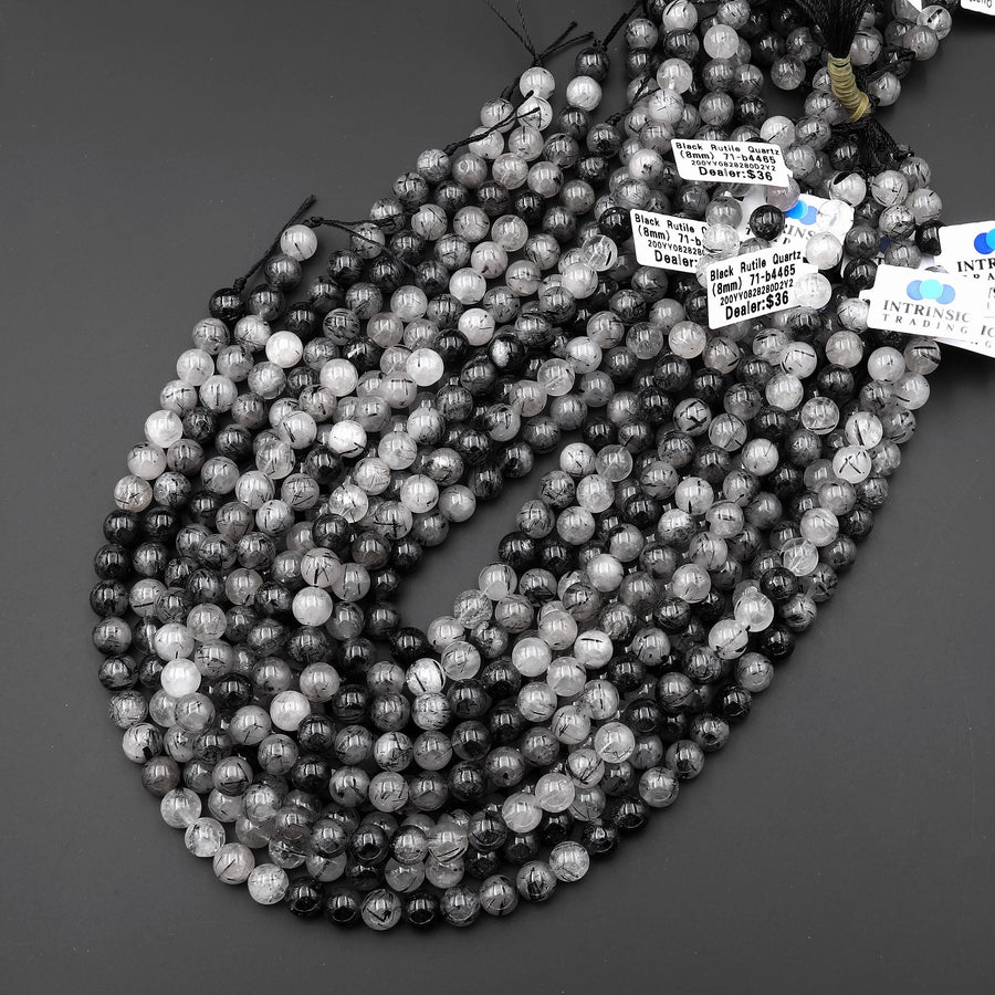 Natural Black Tourmaline Rutilated Rutile Quartz Round Beads 6mm 8mm 10mm Gemstone 15.5" Strand B4465