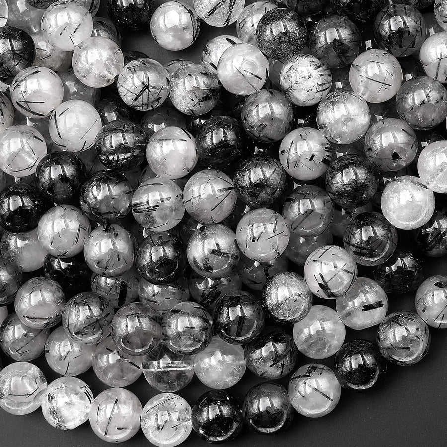 Natural Black Tourmaline Rutilated Rutile Quartz Round Beads 6mm 8mm 10mm Gemstone 15.5" Strand B4465
