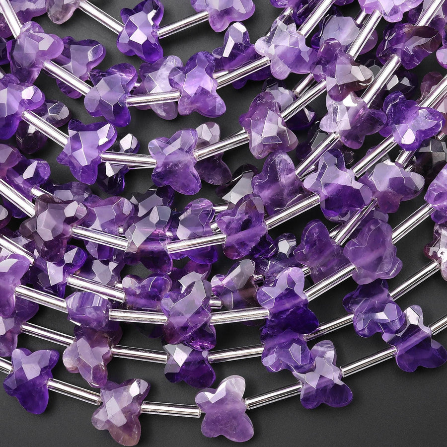 Faceted Natural Purple Amethyst Butterfly Beads 10mm Carved Gemstone 15.5" Strand