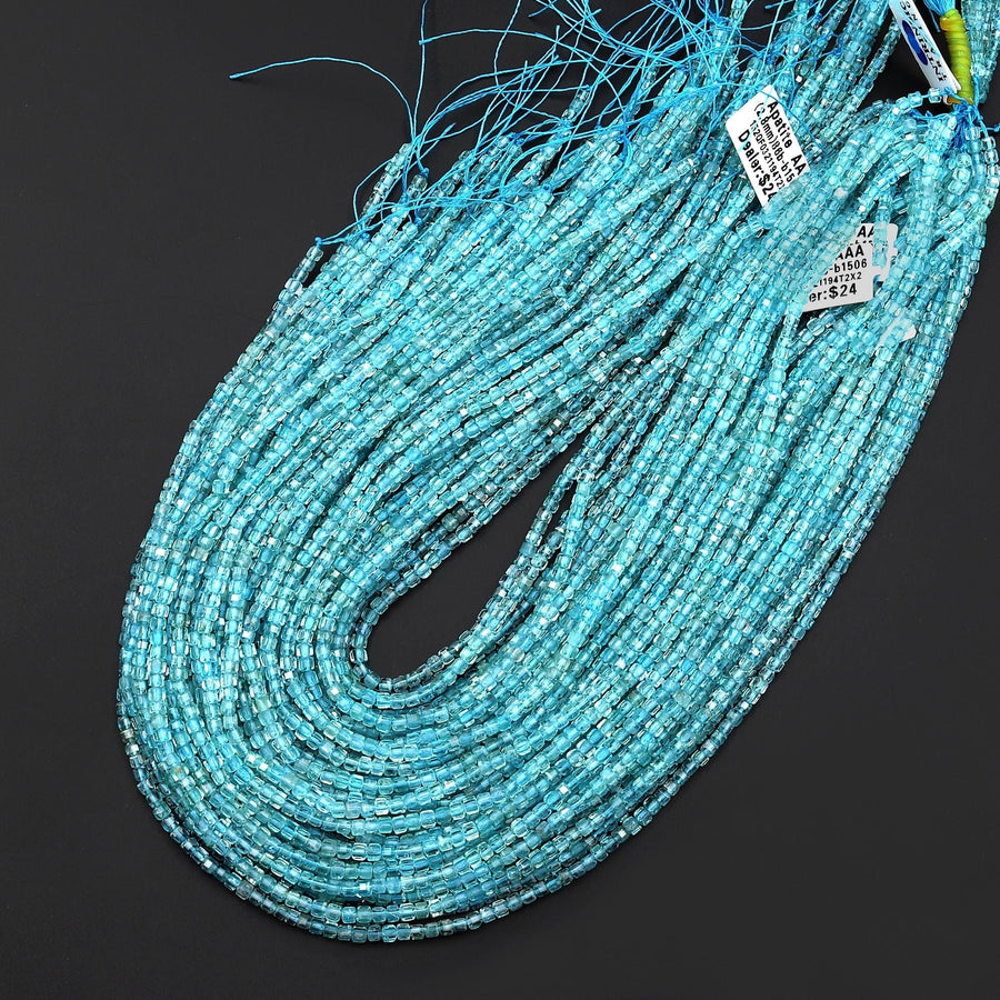 AAA Natural Light Teal Blue Green Apatite Faceted 2.8mm Cube Beads Gemstone 15.5" Strand