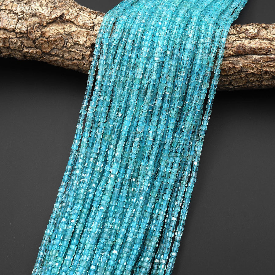 AAA Natural Light Teal Blue Green Apatite Faceted 2.8mm Cube Beads Gemstone 15.5" Strand