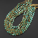 Genuine Natural Green Turquoise Gold Copper Edging 4 Four Leaf Clover 10mm 12mm 14mm Beads Choose from 5pcs, 10pcs, Full 16" Strand