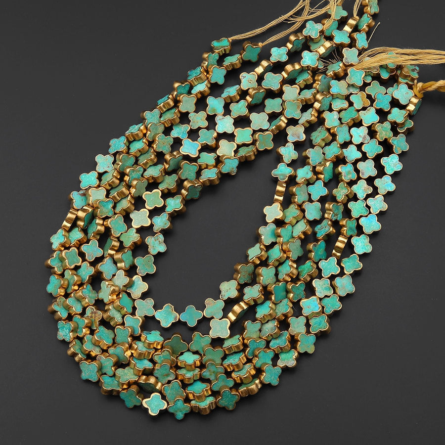 Genuine Natural Green Turquoise Gold Copper Edging 4 Four Leaf Clover 10mm 12mm 14mm Beads Choose from 5pcs, 10pcs, Full 16" Strand