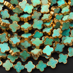 Genuine Natural Green Turquoise Gold Copper Edging 4 Four Leaf Clover 10mm 12mm 14mm Beads Choose from 5pcs, 10pcs, Full 16" Strand