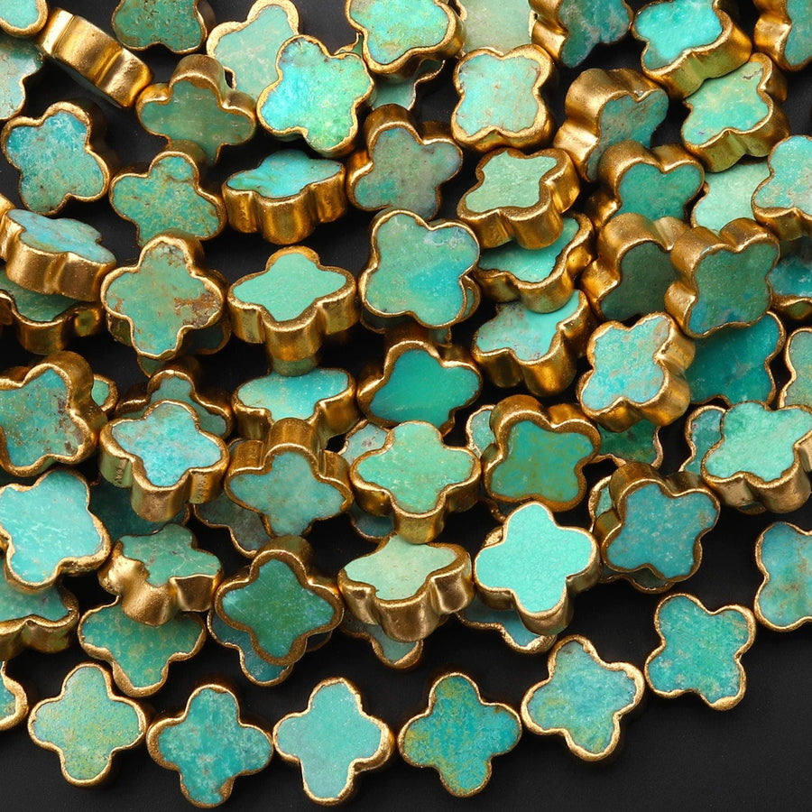 Genuine Natural Green Turquoise Gold Copper Edging 4 Four Leaf Clover 10mm 12mm 14mm Beads Choose from 5pcs, 10pcs, Full 16" Strand