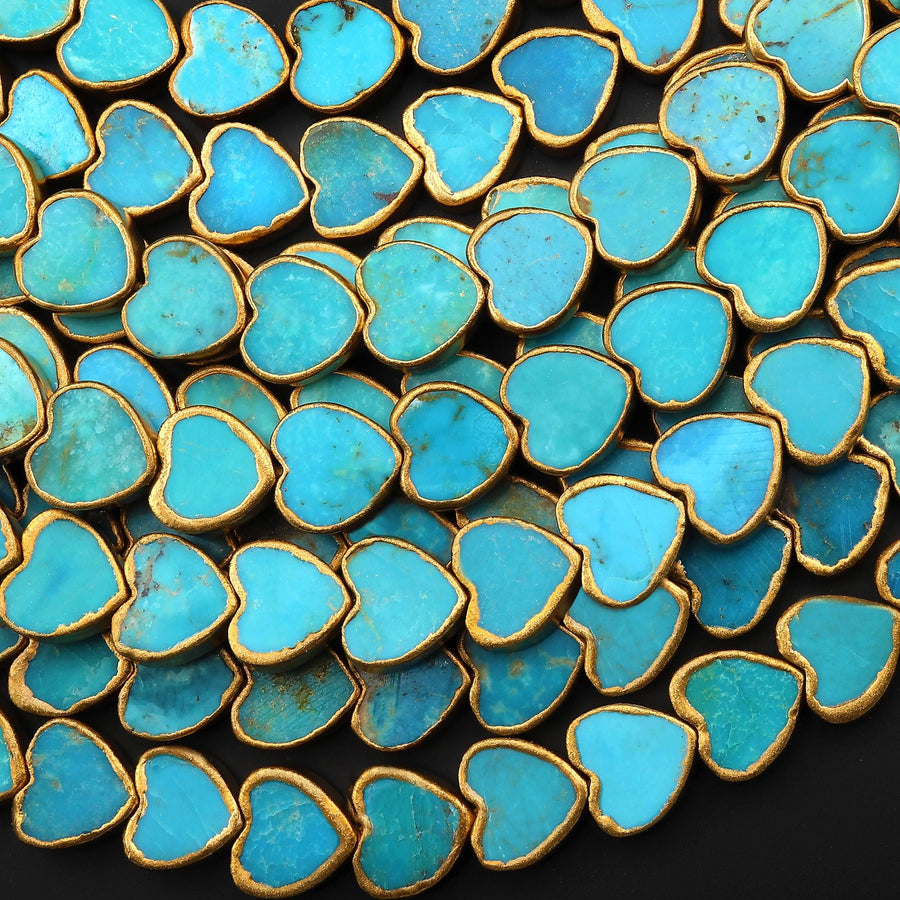 Genuine Natural Blue Turquoise Gold Copper Edging 10mm Heart Beads Choose from 5pcs, 10pcs, Full 16" Strand
