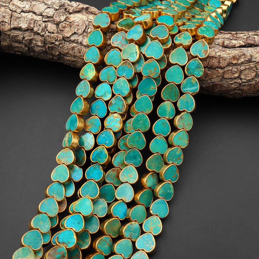 Genuine Natural Blue Green Turquoise Gold Copper Edging 8mm 10mm Heart Beads Choose from 5pcs, 10pcs, Full 16" Strand B1625