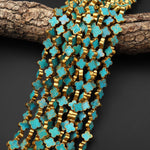 Genuine Natural Blue Turquoise Gold Copper Edging 4 Four Leaf Clover 10mm 12mm Beads Choose from 5pcs, 10pcs, Full 16" Strand