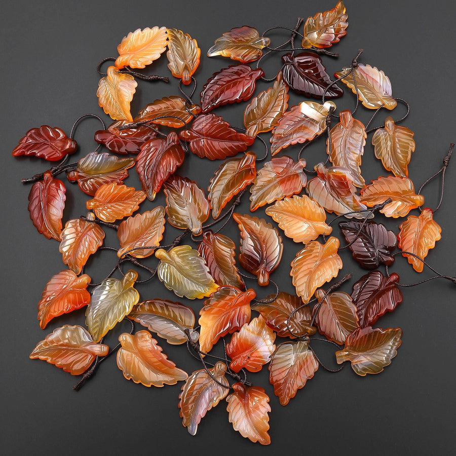Hand Carved Natural Fiery Orange Red Carnelian Leaf Earring Pair Drilled Gemstone Matched Beads