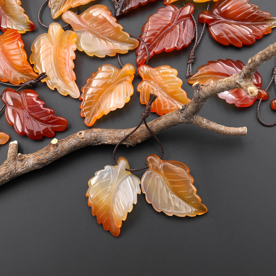 Hand Carved Natural Fiery Orange Red Carnelian Leaf Earring Pair Drilled Gemstone Matched Beads