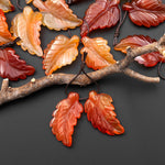 Hand Carved Natural Fiery Orange Red Carnelian Leaf Earring Pair Drilled Gemstone Matched Beads