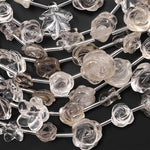 Natural Smoky Quartz Lily Rose Flower Leaf Beads Drilled Gemstone 15.5" Strand