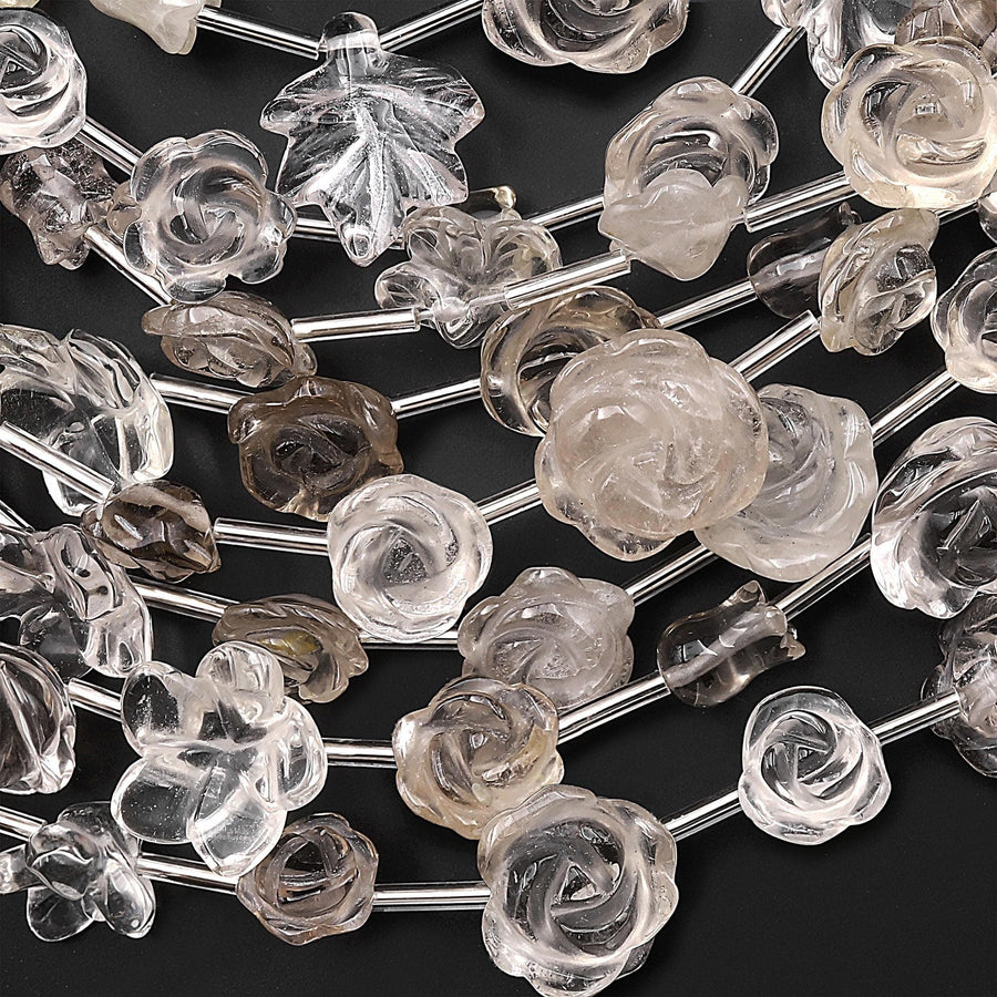 Natural Smoky Quartz Lily Rose Flower Leaf Beads Drilled Gemstone 15.5" Strand