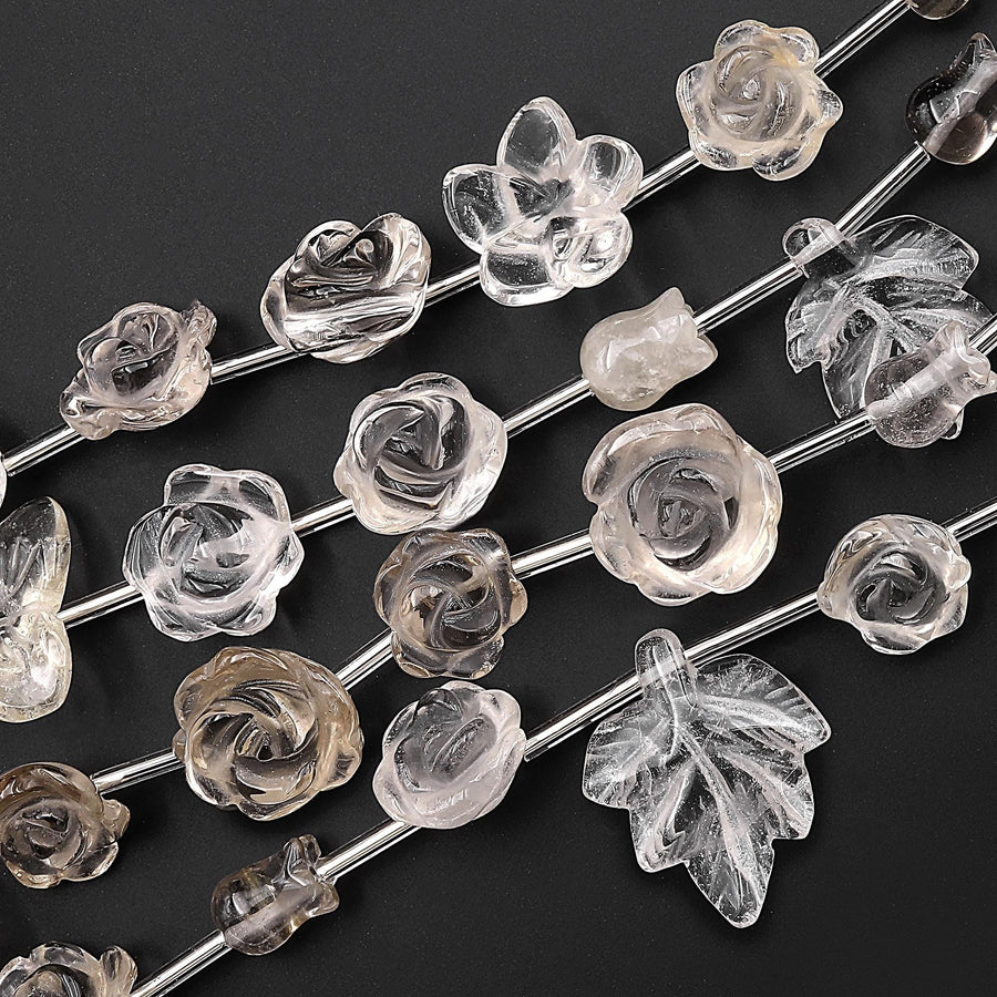 Natural Smoky Quartz Lily Rose Flower Leaf Beads Drilled Gemstone 15.5" Strand