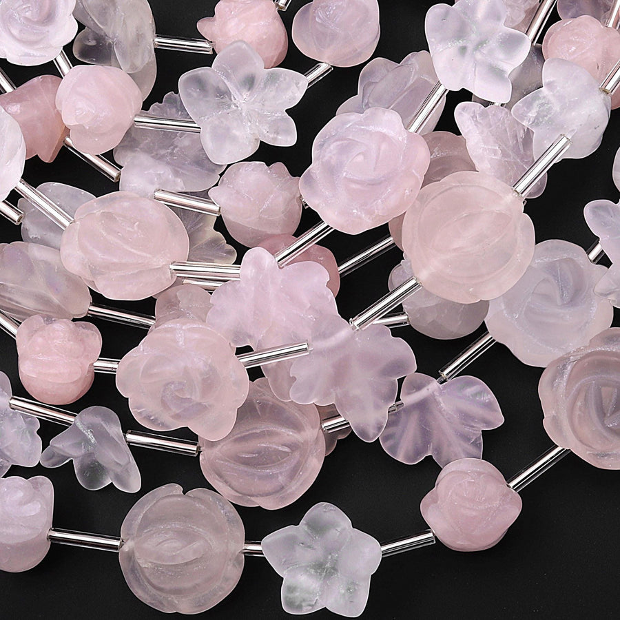 Matte Carved Natural Pink Rose Quartz Tulip Lily Rose Flower Leaf Beads Drilled Gemstone 15.5" Strand