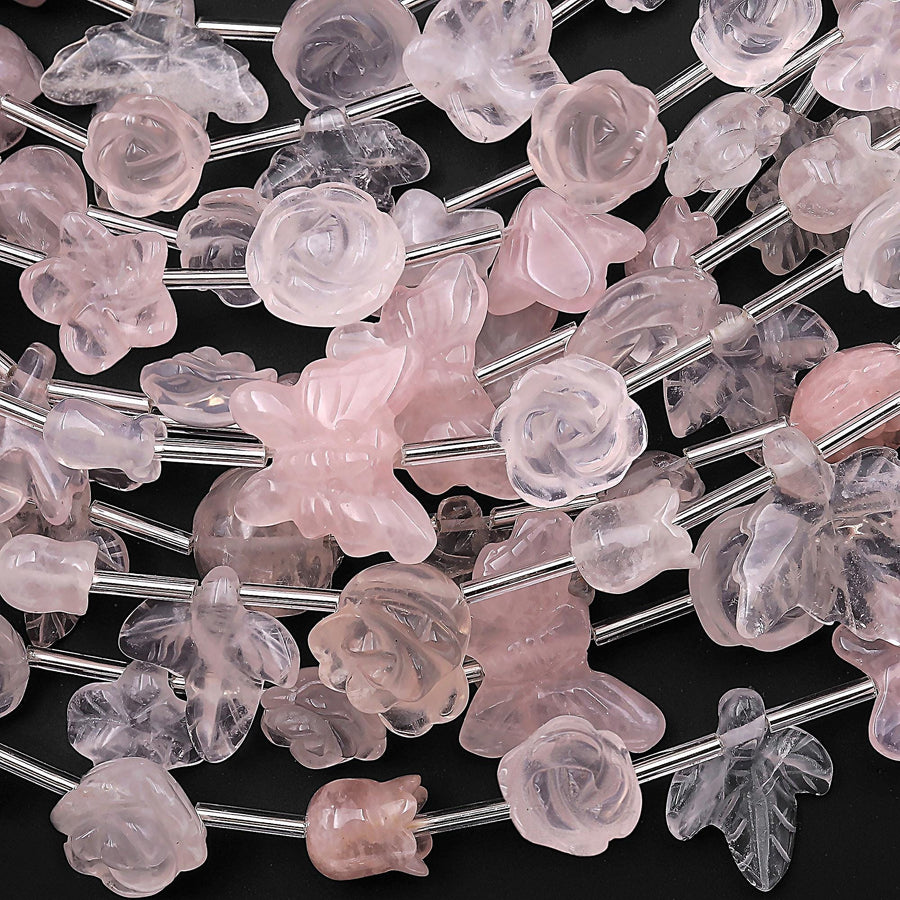 Hand Carved Natural Pink Rose Quartz Tulip Lily Rose Flower Leaf Beads Drilled Gemstone 15.5" Strand