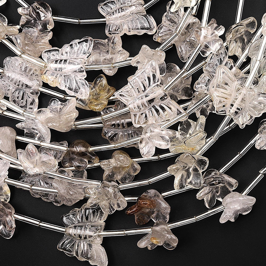 Natural Smoky Quartz Lily Flower Butterfly Beads Drilled Gemstone 15.5" Strand